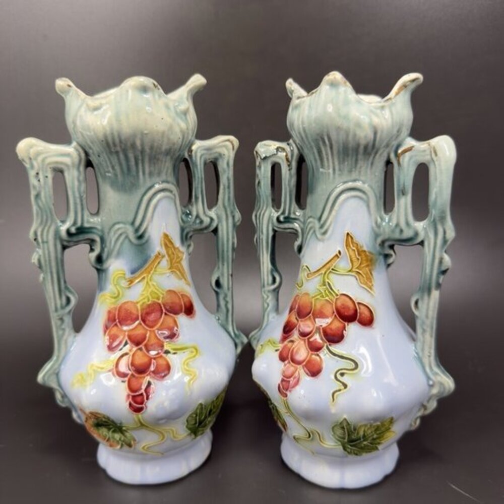 Antique J S Art Nouveau Majolica Vase Vessel Set 2 Grape Pattern Old Pottery VTG